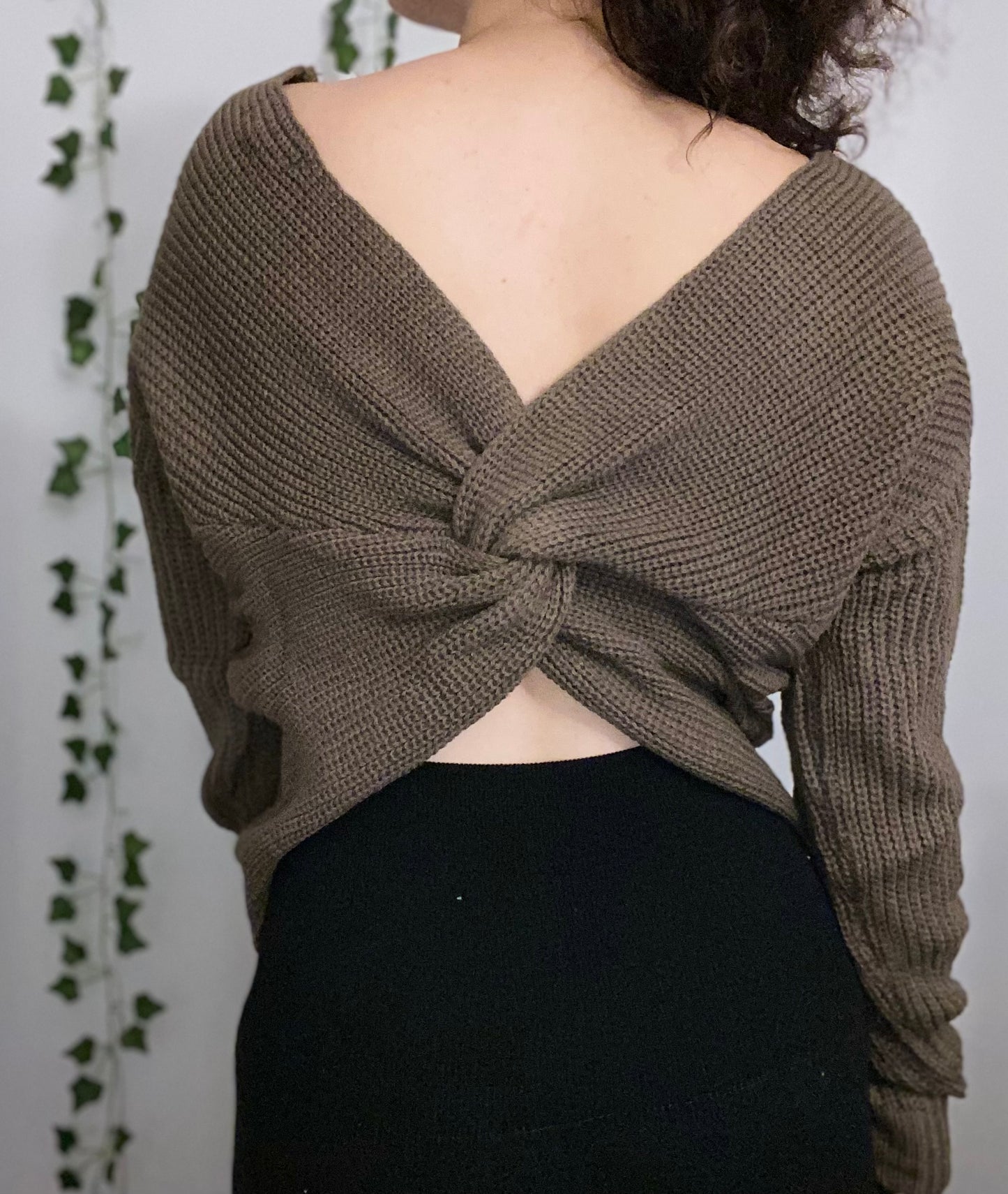 mocha acrylic sweater with twist knot in back 