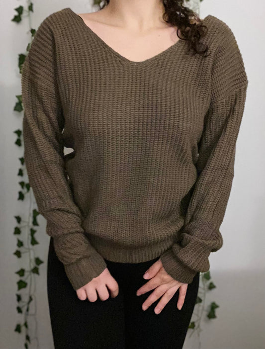 mocha Acrylic sweater with twist knot in back 
